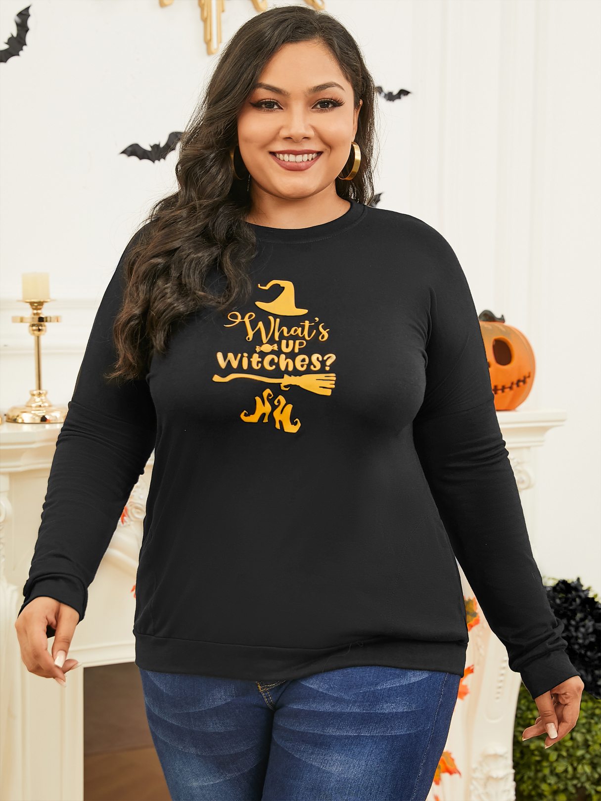 Plus Size Crew Neck Graphic Long Sleeves Tee