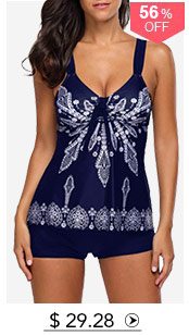 Printed Open Back Navy Padded Tankini Set