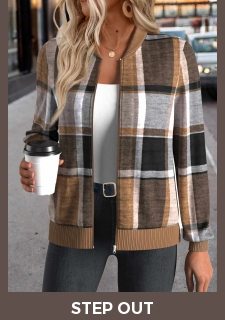 Dark Coffee Zipper Plaid Long Sleeve Stand Collar Jacket