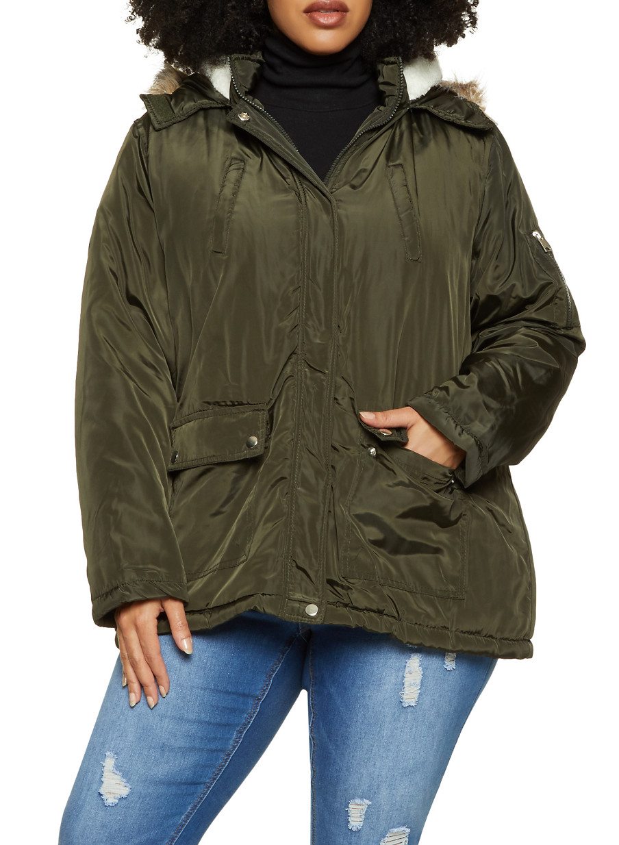 Plus Size Faux Fur Trimmed Hood Puffer Jacket