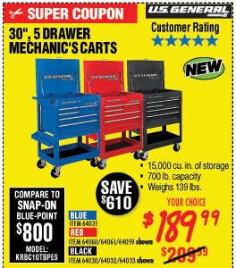 30 in. 5 Drawer Blue Mechanic's Cart