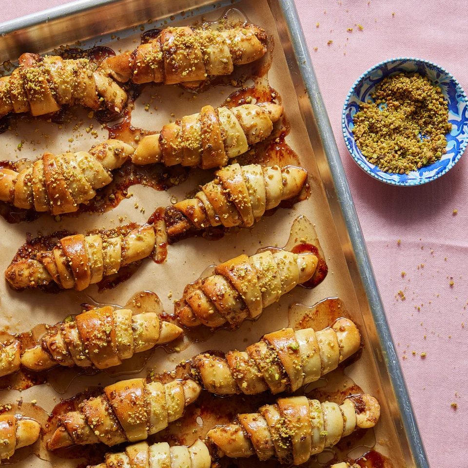 Pistachio-Date Rugelach with Rosewater Honey