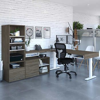 Viva L-Shape Height Sit-and-Stand Adjustable Workstation with Adjustable Dual Monitor Arm and Storage tower