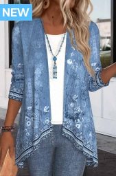 Denim Blue Patchwork Floral Print 3/4 Sleeve Light Coat
