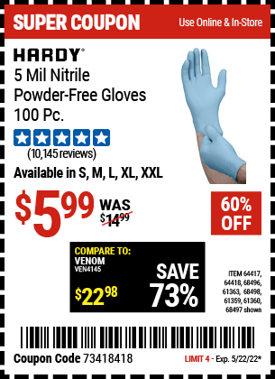 HARDY: 5 Mil Nitrile Powder-Free Gloves, 100 Pc., X-Large, Light Blue