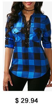 Plaid Print Lace Up Front Blouse