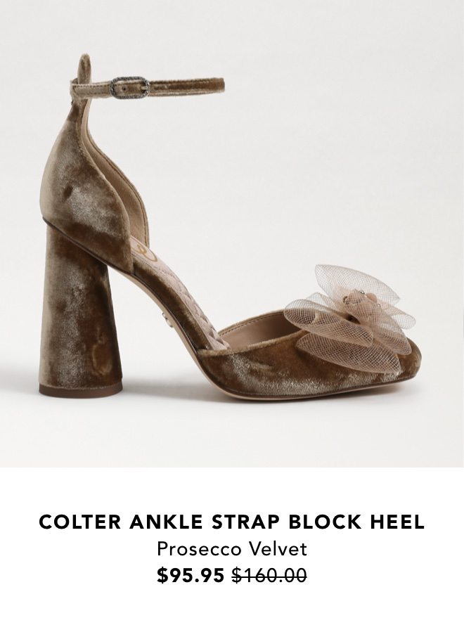 Colter Ankle Strap Block Heel (Prosecco Velvet) $95.95