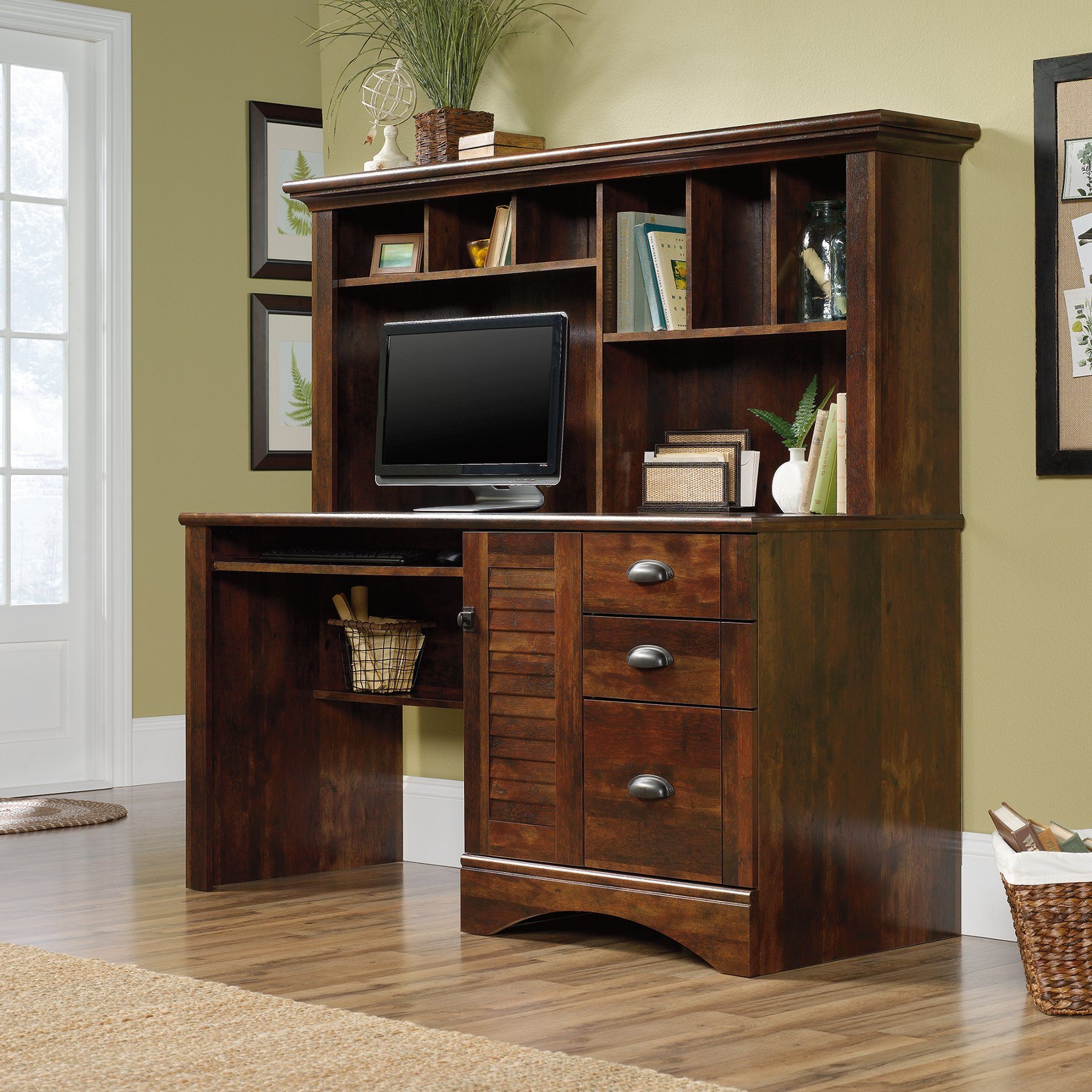 Clearance Harbor View Cherry Brown Computer Desk with Hutch