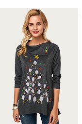 Penguin Print Button Embellished Long Sleeve Christmas T Shirt 