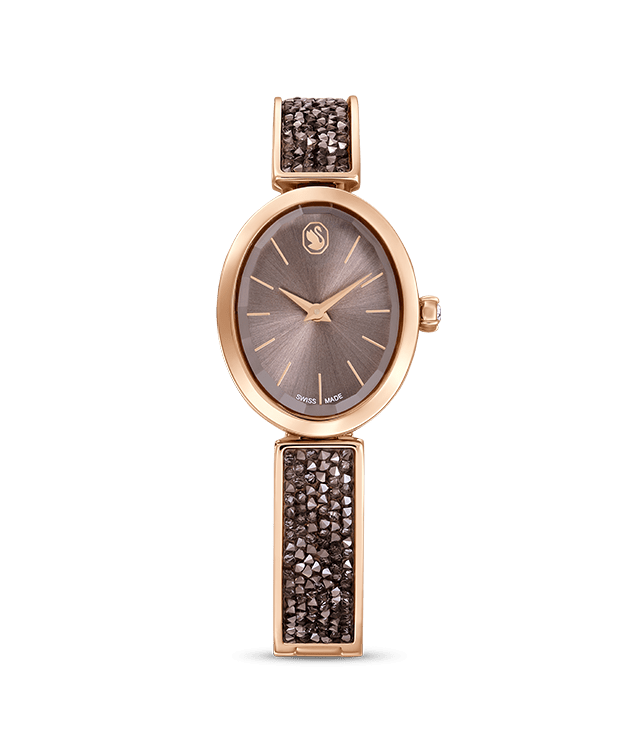 Crystal Rock Oval watch Swiss Made, Metal bracelet, Black, Rose gold-tone finish