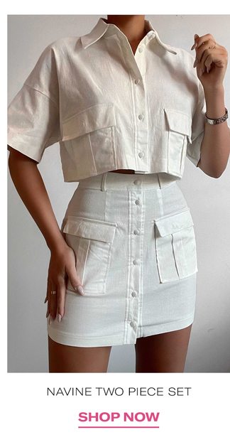 NAVINE BUTTON FRONT CROP TOP AND CARGO POCKET MINI SKIRT TWO PIECE SET IN WHITE