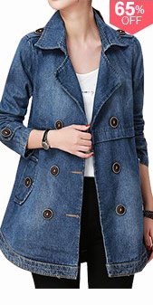 Button Embellished Notch Collar Long Sleeve Denim Coat