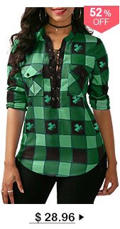 Plaid Print Lace Up Front ST Patricks Day Green Blouse