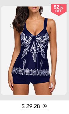 Printed Open Back Navy Padded Tankini Set