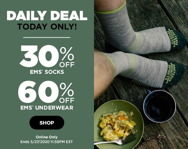 Daily Deal: 30% OFF All EMS Socks & 60% OFF All EMS Underwear - Online Only - Click to Shop