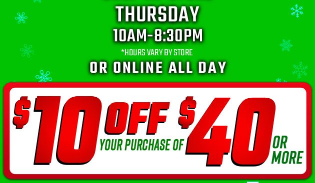 $10 off $40. Exclusions apply. Use code E241205