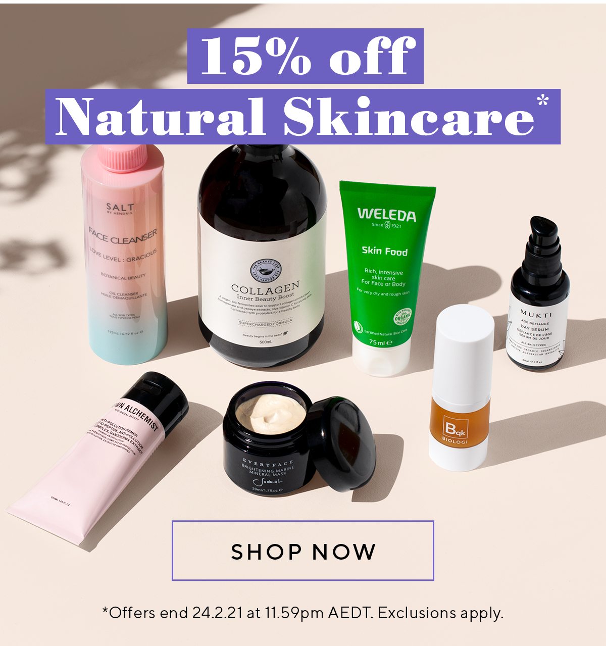 15% off natural skincare*