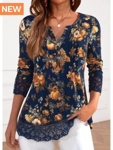 ROTITA Lace Pumpkin Print Navy Split Neck T Shirt