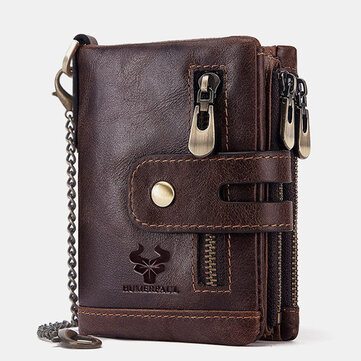 Men Genuine Leather RFID Anti-scanning Anti-Theft Zipper Wallet With Chain