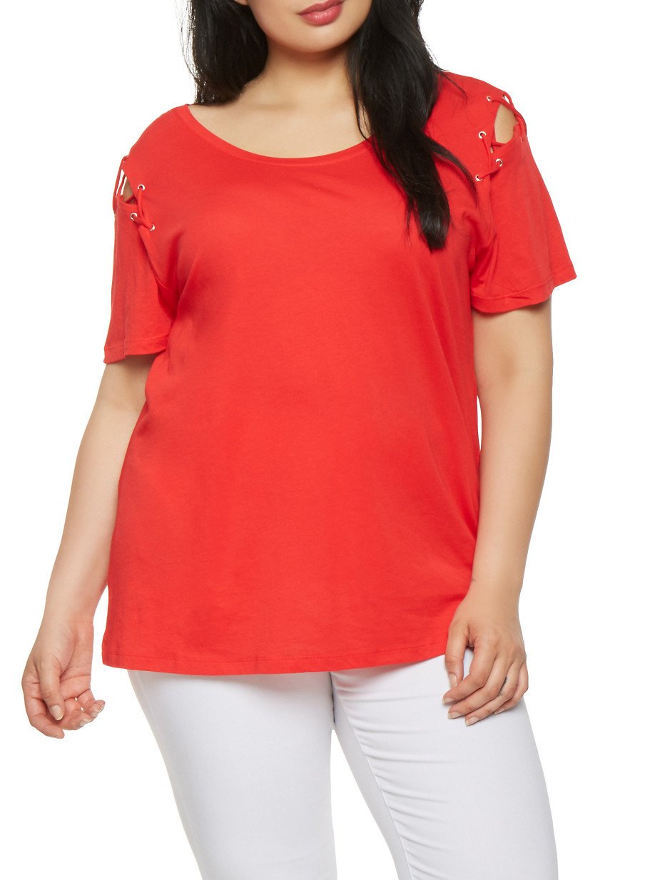 Plus Size Lace Up Shoulder Tee