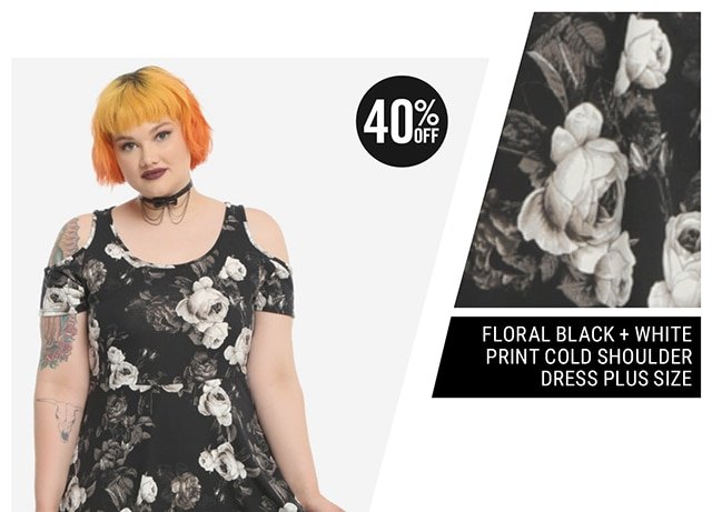 Floral Black + White Print Cold Shoulder Dress Plus Size