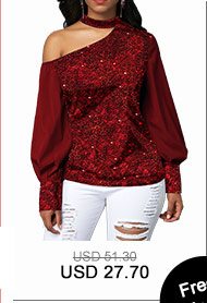 Cutout Shoulder Sequin Embellished Wine Red Blouse