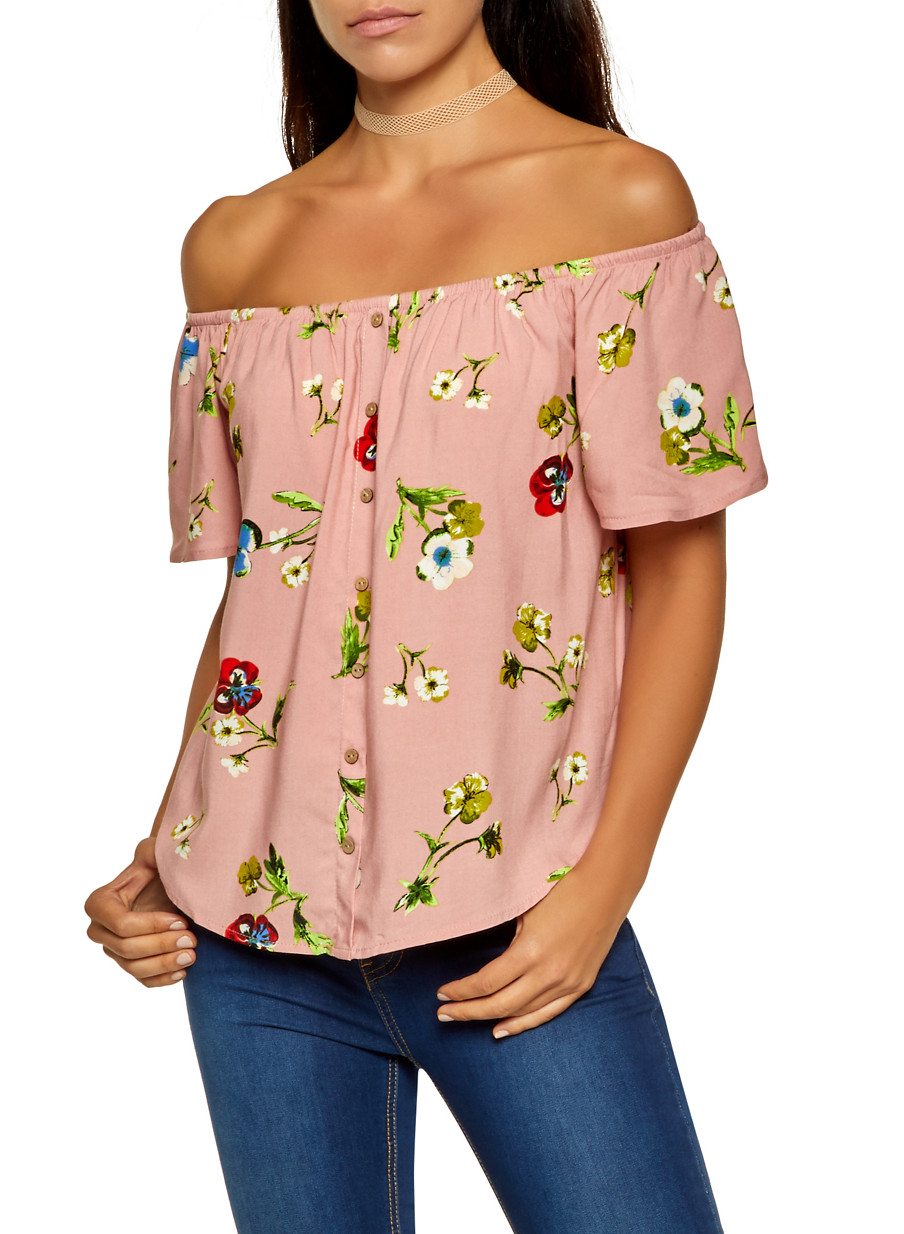 Button Floral Off the Shoulder Top