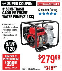 View 3 in. 212cc Gasoline Engine Semi-Trash Water Pump - 290 GPM