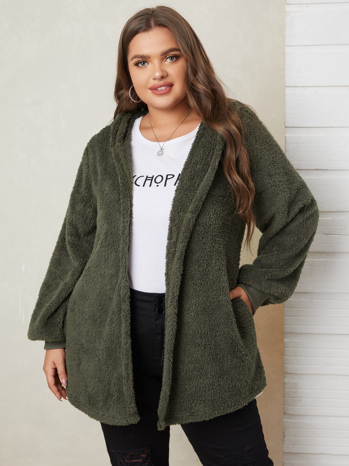  BASICS Plus Size Hooded Pocket Long Sleeves Jacket