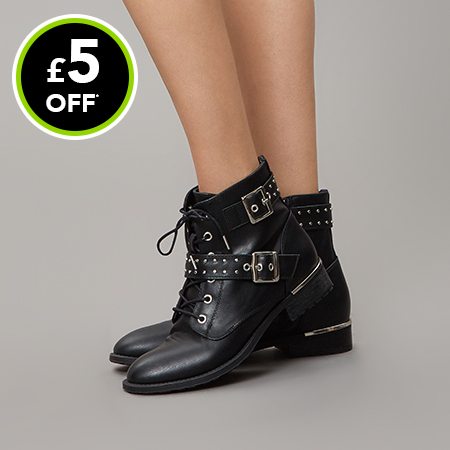 Womens Black Lace Up Buckle Ankle Boots