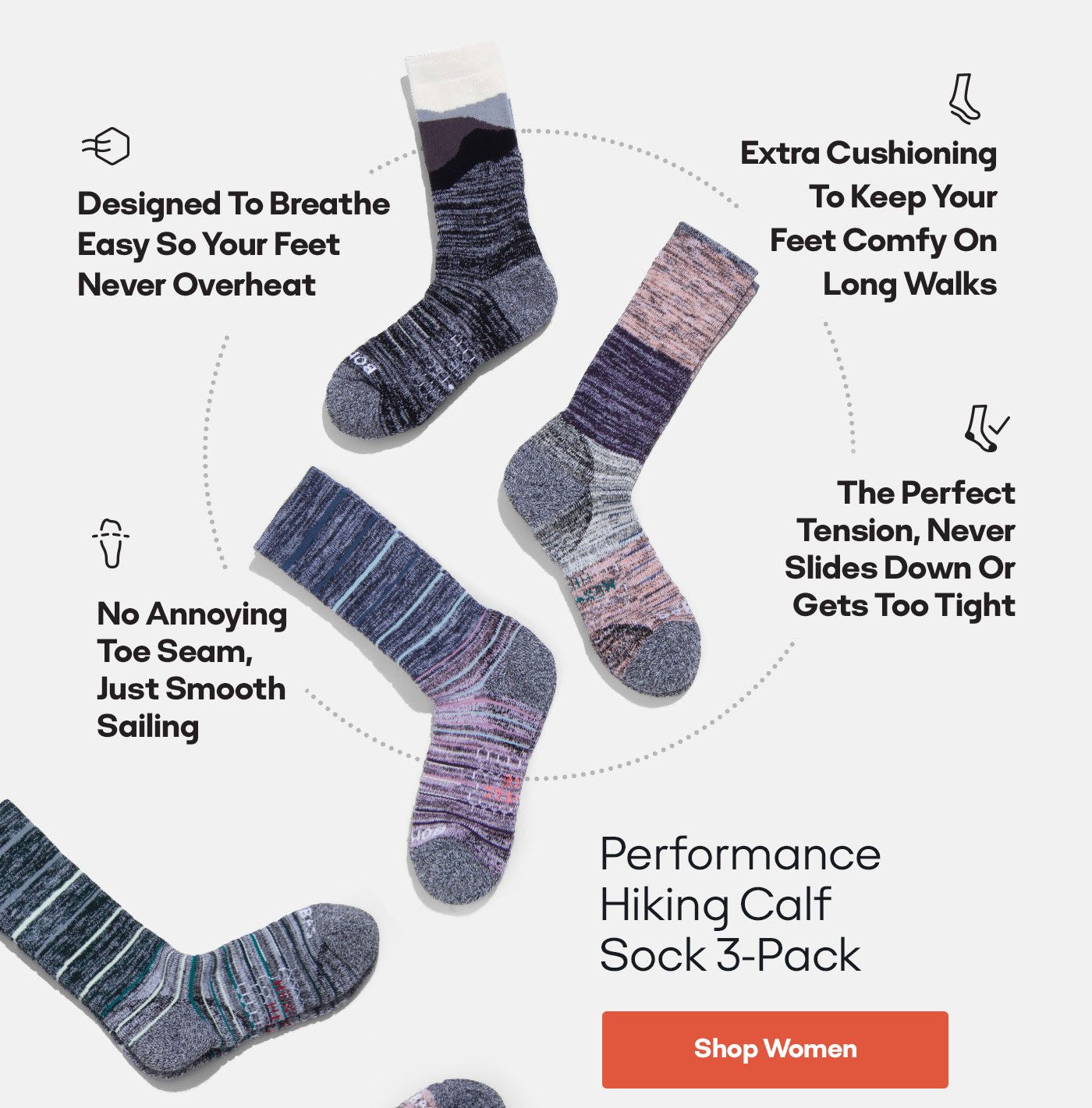 Designed To Breathe Easy So Your Feet Never Overheat | Extra Cushioning To Keep Your Feet Comfy On Long Walks | To Annoying Toe Seam, Just Smooth Sailing | The Perfect Tension, Never Slides Down Or Gets Too Tight | Performance Hiking Calf Sock 3-Pack | [Shop Women]