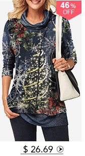 Christmas Print Cowl Neck Faux Two Piece T Shirt