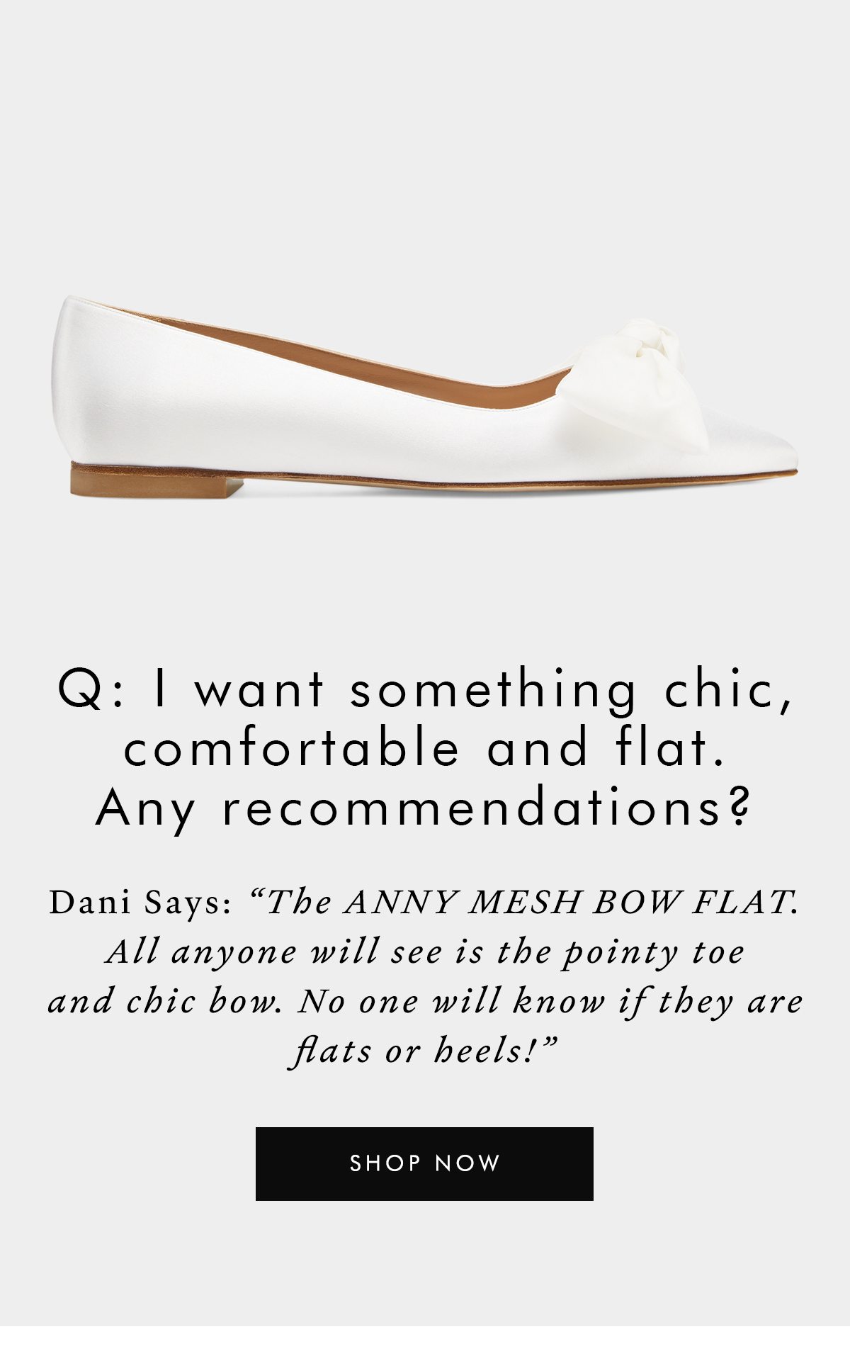 I want something chic, comfortable and flat. Any recommendations? Dani Says: "The ANNY MESH BOW FLAT. All anyone will see is the pointy toe and chic bow. No one will know if they are flats or heels!" SHOP NOW