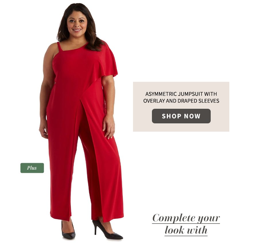 Asymmetric Jumpsuit with Overlay and Draped Sleeves - Plus 