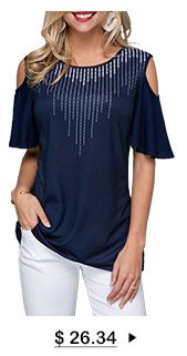 Round Neck Cold Shoulder Navy Blue T Shirt