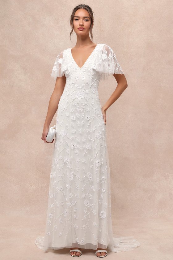 Image of Safiya White Sequin Flutter Sleeve Maxi Dress