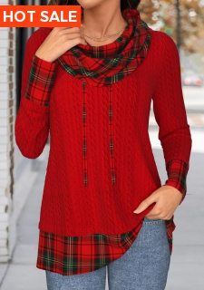 ROTITA Christmas Patchwork Plaid Red Cowl Neck Long Sleeve Sweatshirt