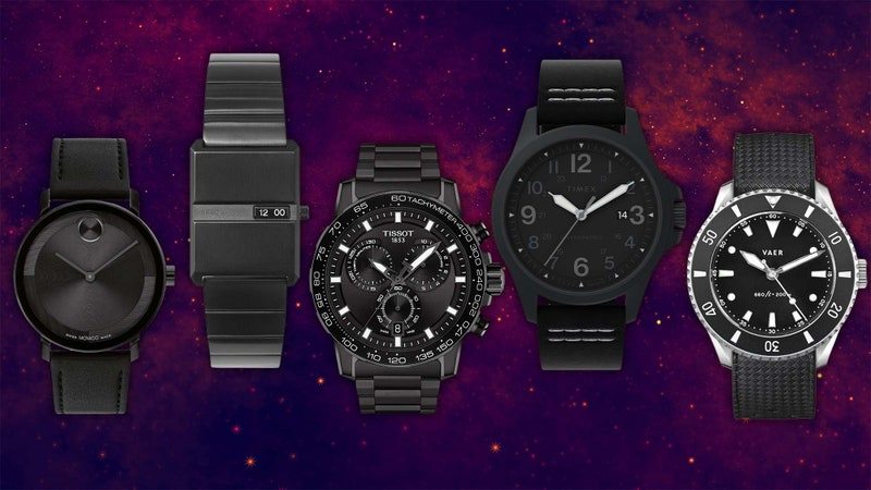 Five black watches for men on a red galactic background