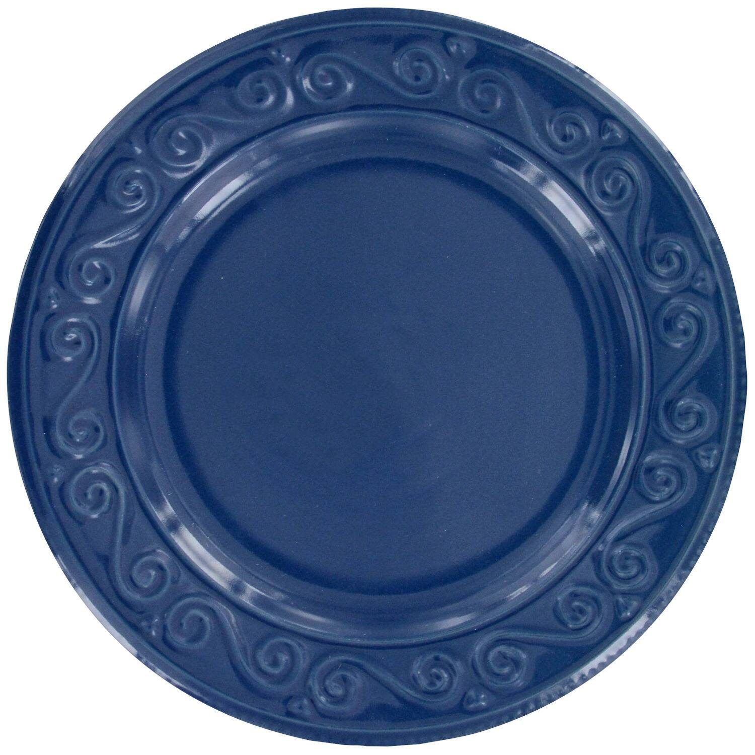 Navy Blue Embossed Scroll Pattern Stoneware Side Plates, 7.5 in.