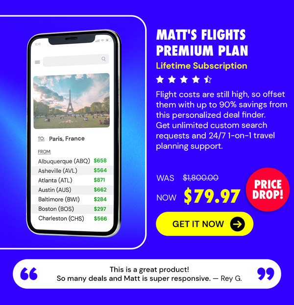 Matt's Flights Premium Plan (Lifetime Subscription) - Save up to 90% on Domestic & International flights