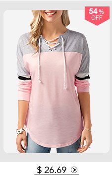 Lace Up Front Curved Hem Color Block T Shirt