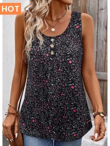 Button Ditsy Floral Print Black Scoop Neck Tank Top