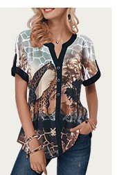 Button Detail Giraffe Print Short Sleeve Blouse