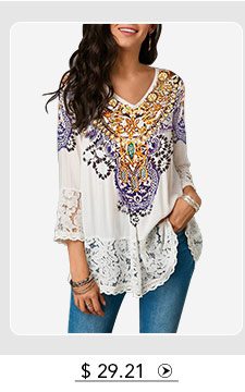 Lace Patchwork Three Quarter Sleeve Blouse