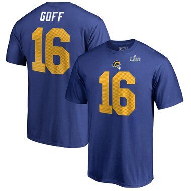 Jared Goff Los Angeles Rams NFL Pro Line by Fanatics Branded Super Bowl LIII Bound Eligible Receiver Name & Number T-Shirt – Royal