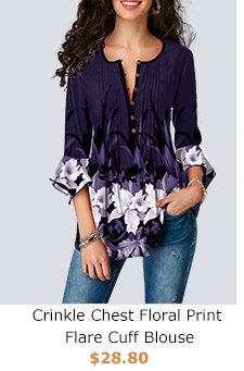 Crinkle Chest Floral Print Flare Cuff Blouse
