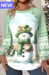 Christmas Light Green Patchwork Long Sleeve Round Neck Sweatshirt