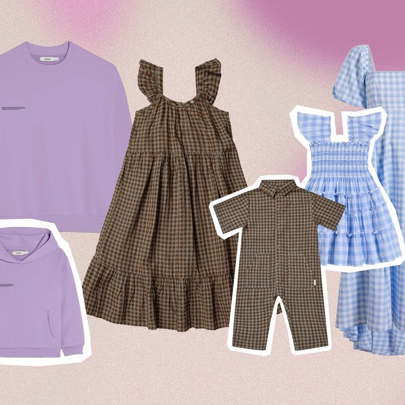 Where to Shop Cute Mommy-and-Me Outfits _ collage of outfits including a purple sweater set, a plaid set, and gingham dress set 