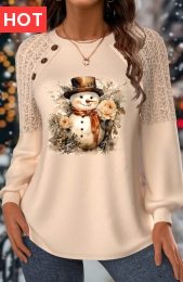 Christmas Skin Color Lace Long Sleeve Round Neck Sweatshirt