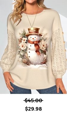 ROTITA Christmas Lace Snowman Print Round Neck Long Sleeve Sweatshirt